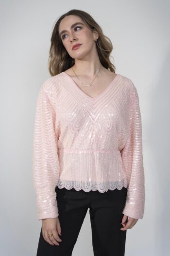 Light pink V-neck sequin blouse
