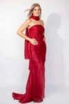Red sleeveless dress with front ruching and long train