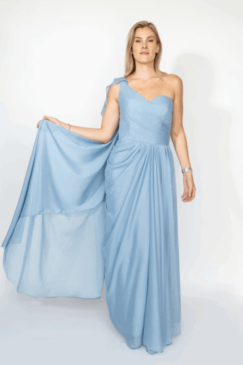 Sky blue long dress with a pleated skirt and one sleeve