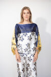 Floral satin set in white, yellow, and blue.