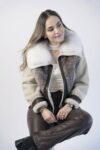 Beige Leather Jacket with White Shearling and Fox