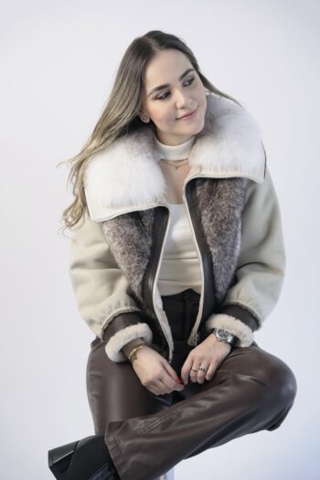 Beige Leather Jacket with White Shearling and Fox
