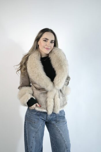 Natural Fur Coat with Fox Collar and Belt