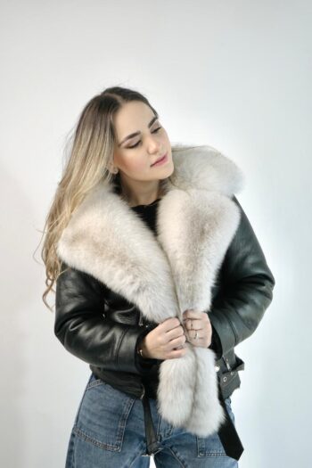 Black Jacket with Beige Fox Fur Collar and Belted Waist