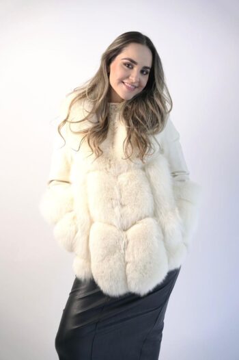 White Genuine Fur Coat with Vertical Fox Panels