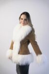 Camel Suede Coat with White Shearling Trim