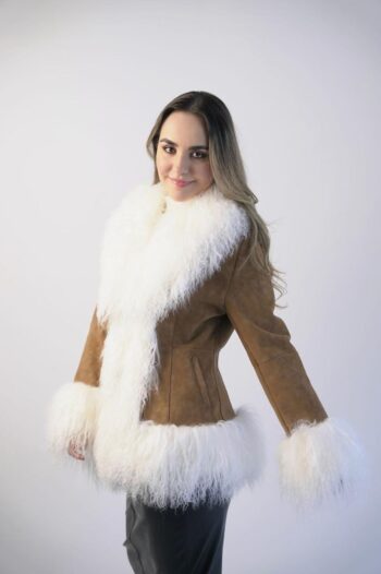 Camel Suede Coat with White Shearling Trim
