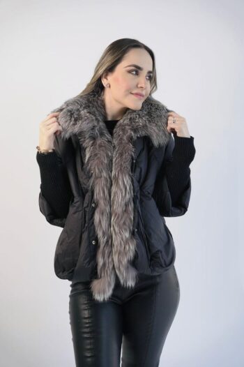 Black Goose Down Jacket with Removable Fox Collar