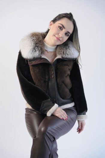 Brown Leather Jacket with Shearling and Fox